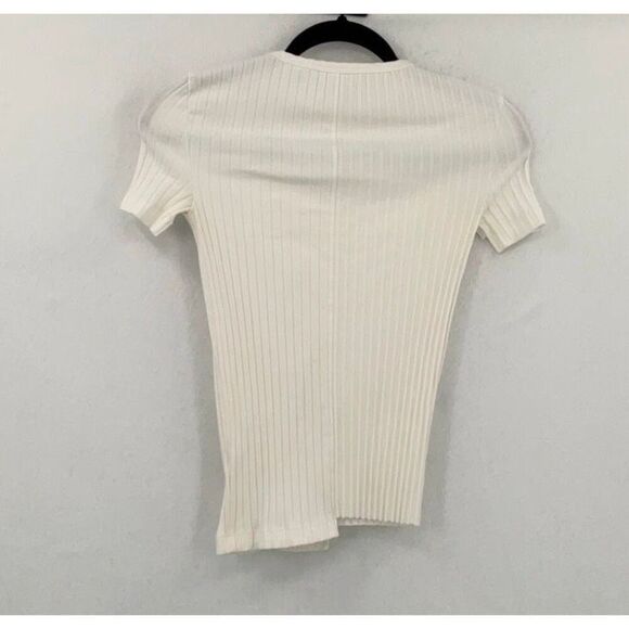 Helmut Lang Ivory Ribbed Uneven Hem Pima Cotton Blend Short Sleeve Knit Top XS - Picture 4 of 7